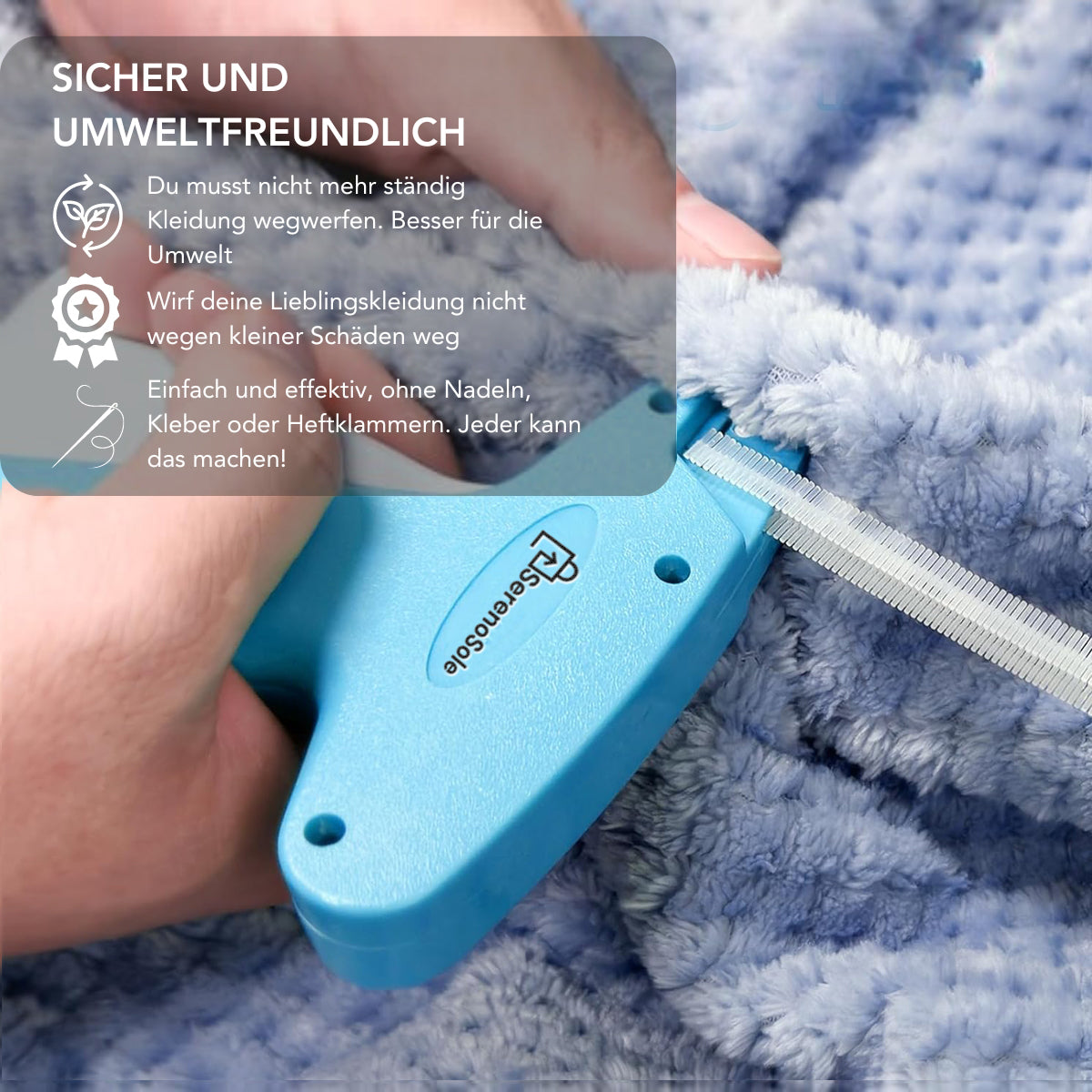 Serenosole EasyStitch™ Schnelles Kleidungsfixiergerät | Mit gratis Komplettset (1000 Verschlüsse +6 Nadeln)