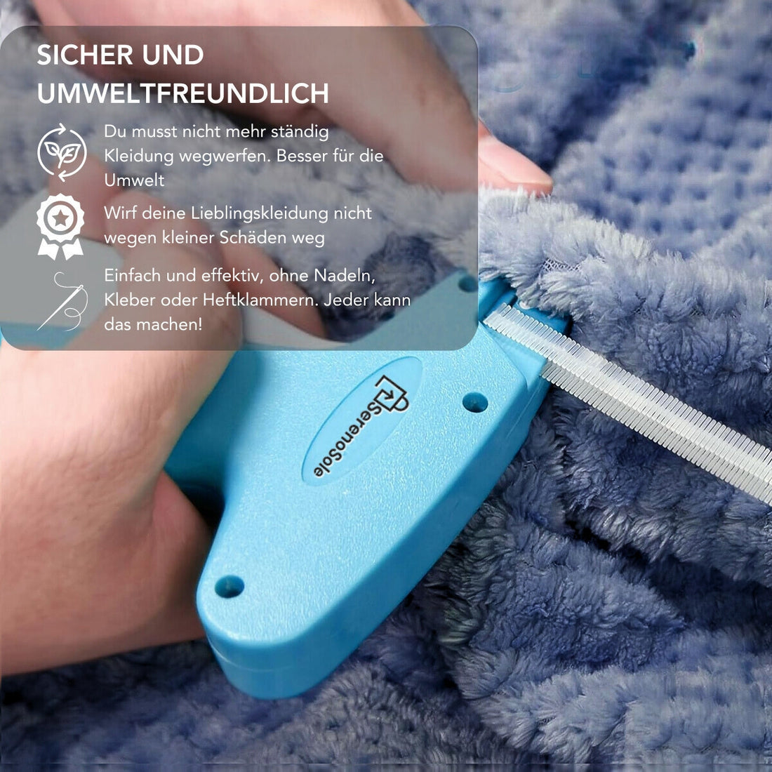 Serenosole EasyStitch™ | Schnelles Kleidungsfixiergerät | Mit gratis Komplettset (1000 Verschlüsse +6 Nadeln)